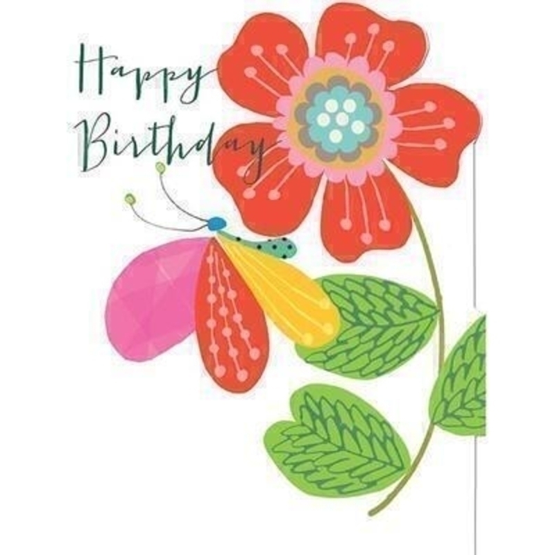 Happy Birthday Flower and Butterfly card by Liz and Pip. Wish someone a happy birthday with this brightly coloured card with butterfly and flower design. Blank inside for your own message. 120x160mm